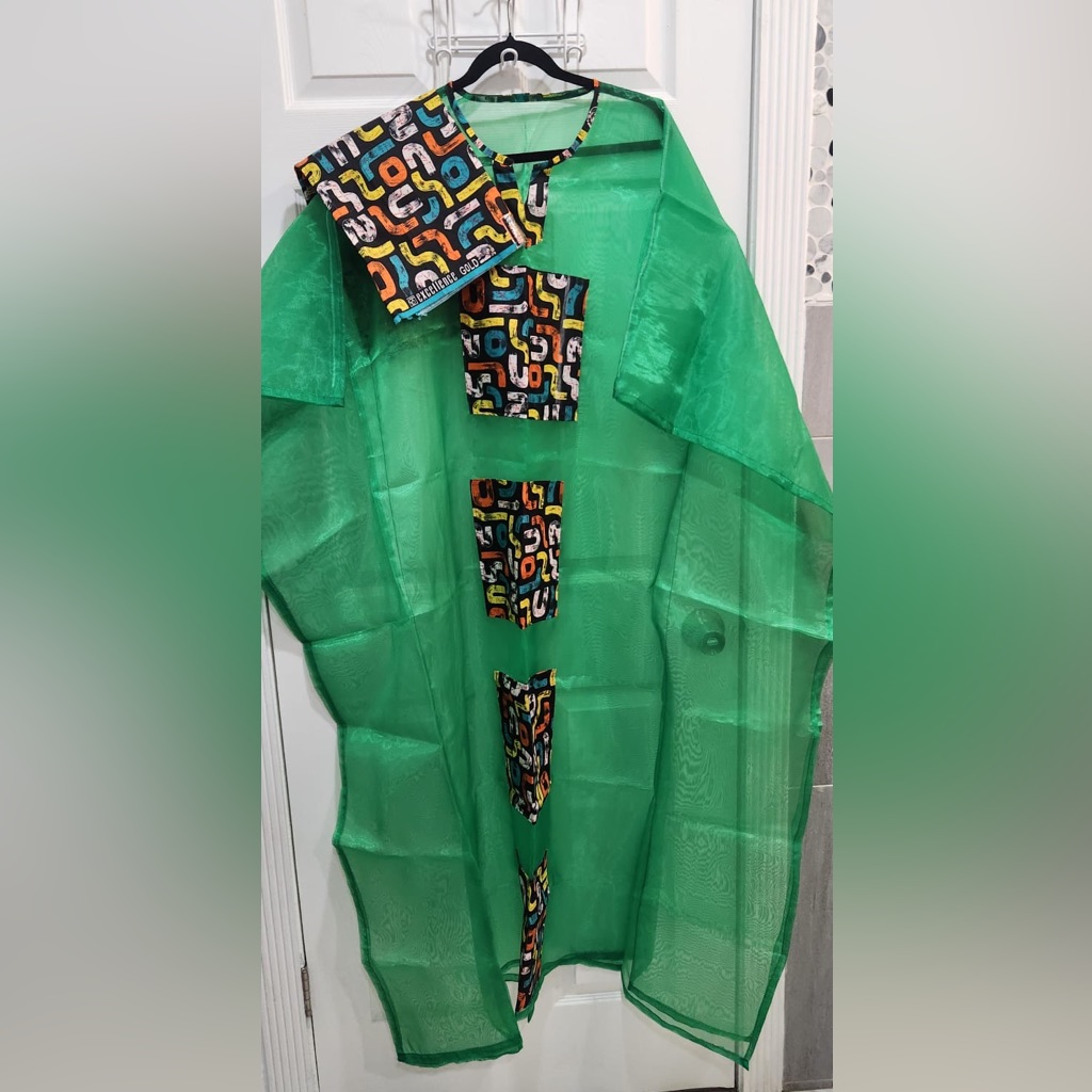 African Print Vibrant Green Sheer Maxi Dress With Multicolor Patterned Accent